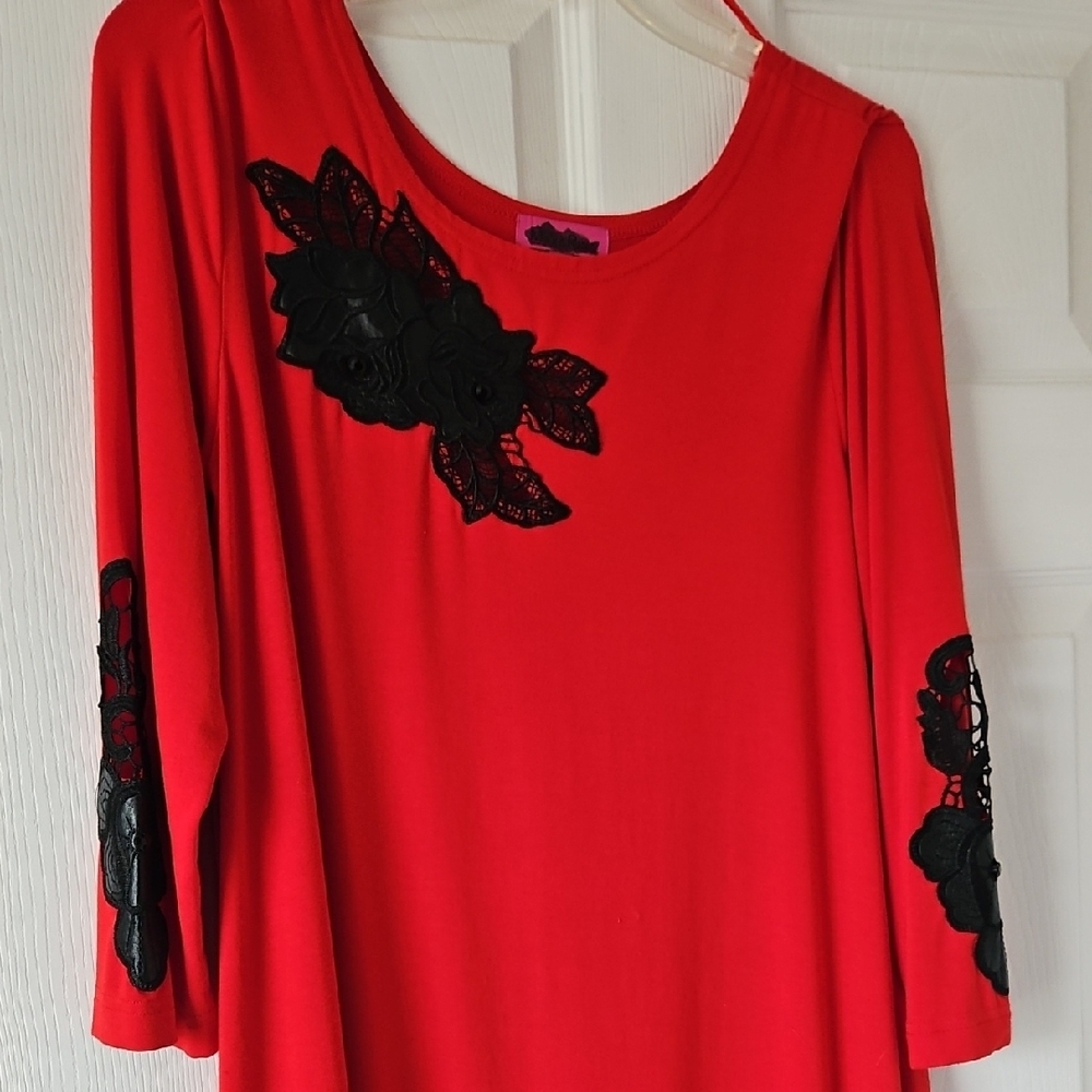 Red Graphic Blouse with Black Accents